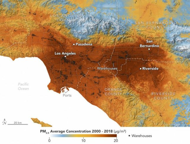 Uma visualização de dados mostra a concentração média de partículas poluentes PM2,5