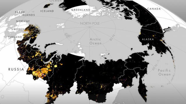 Mapa de atividade humana emissora de luz pan-ártica mostrando áreas apagadas (preto) versus 