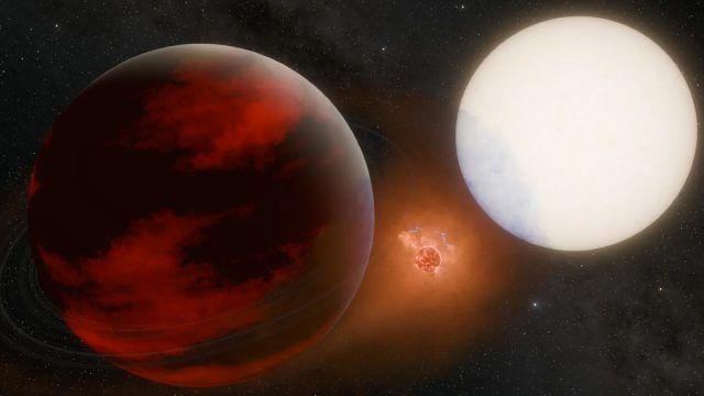 Uma interpretação artística de um exoplaneta vermelho gigante próximo à sua estrela natal com uma pequena lua entre eles