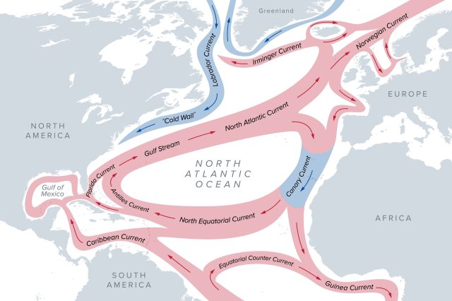 Um mapa das principais correntes oceânicas no Oceano Atlântico