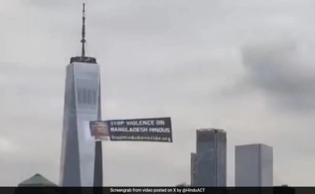 Banner de companhia aérea sobre apelos da cidade de Nova York para acabar com a violência contra hindus de Bangladesh
