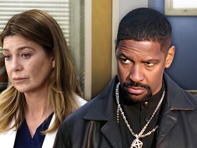 Meredith Grey frowning Denzel Washington from Training Day with hospital background