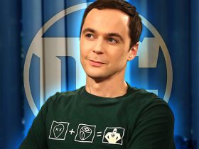 Sheldon wearing a Green Lantern t-shirt superimposed in front of a DC Comics logo