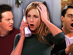 Chandler, Rachel, and Joey from Friends looking shocked