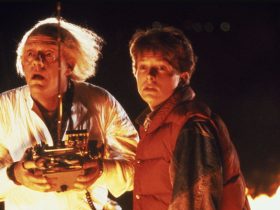 Doc and Marty watch the DeLorean disappear in Back to the Future