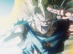 Goku shouting while doing a powerful attack in Dragon Ball Daima