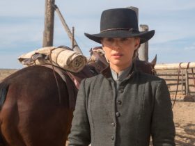 Jane standing aside her horse in Jane Got a Gun