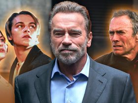 Arnold Schwarznegger superimposed over images of Leonardo Dicaprio, Kate Winslet, and Clint Eastwood