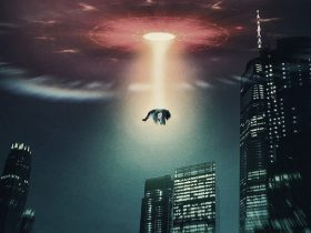 Netflix's The Manhattan Alien Abduction key art featuring a woman being pulled into a UFO