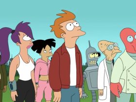 The entire Planet Express crew from Futurama looking up at the sky