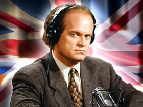 Kelsey Grammer as Frasier sitting in front of the United Kingdom's flag