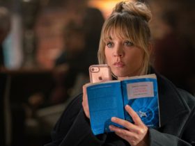 Kaley Cuoco as Cassie Bowden cracks open a book in The Flight Attendant