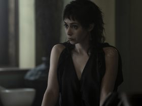 Cristin Milioti as Sophia Falcone wearing a black dress in The Penguin