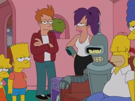 The Simpsons and the Planet Express crew in Homer and Marge's living room in The Simpsons/Futurama crossover