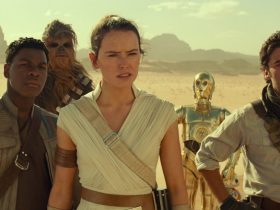 Rey, Finn, Poe, Chewie and C-3PO in Star Wars: The Rise of Skywalker