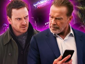 A collage image of Michael Fassbender and Arnold Schwarzenegger in front of a neon arcade game