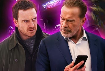 A collage image of Michael Fassbender and Arnold Schwarzenegger in front of a neon arcade game