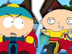 A composite image of Cartman and Stewie staring each other down, each on a tricycle