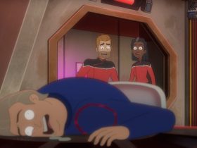 Jack Ransome and Captain Freeman looking shocked as they observe a seemingly dead man in the foreground in Star Trek: Lower Decks