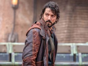 Diego Luna as Cassian looking over his shoulder in Andor season 1