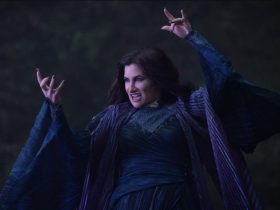 Kathryn Hahn as Agatha Harkness casting a magic spell in the woods