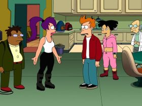 Hermes, Leela, Fry, Amy, the Professor, and Dr. Zoidberg standing in the Planet Express conference room in Futurama