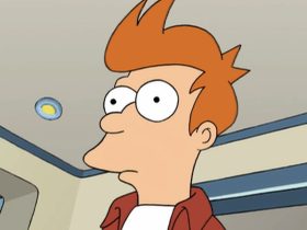 Fry looks surprised standing inside in Futurama