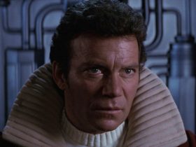 William Shatner as Captain Kirk looking serious in Star Trek II: The Wrath of Khan