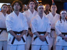 Several Miyagi-do students standing together on Cobra Kai