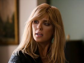 Kelly Reilly as Beth Dutton, with a concerned expression on her face, in Yellowstone