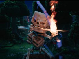 A skeleton wields a flaming bow and arrow in A Minecraft Movie